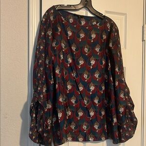 Lafayette 148 NY 100% Silk Maroon, Gold,& Blue Blouse w/ fluted ruffled sleeves.